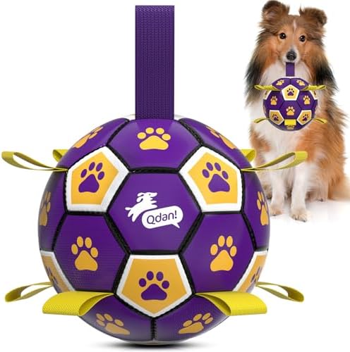 QDAN Dog Ropes Toys, Soccer Ball with Straps, Interactive Dog Toys for Tug of War, Dog Water Toy, Durable Balls for Medium Large Dogs（8 Inch） | 8 Inch Soccer Toy with Straps, Dog Tug Toy for Tug of War, Puppy Birthday Gifts, Training Herding Balls for ...