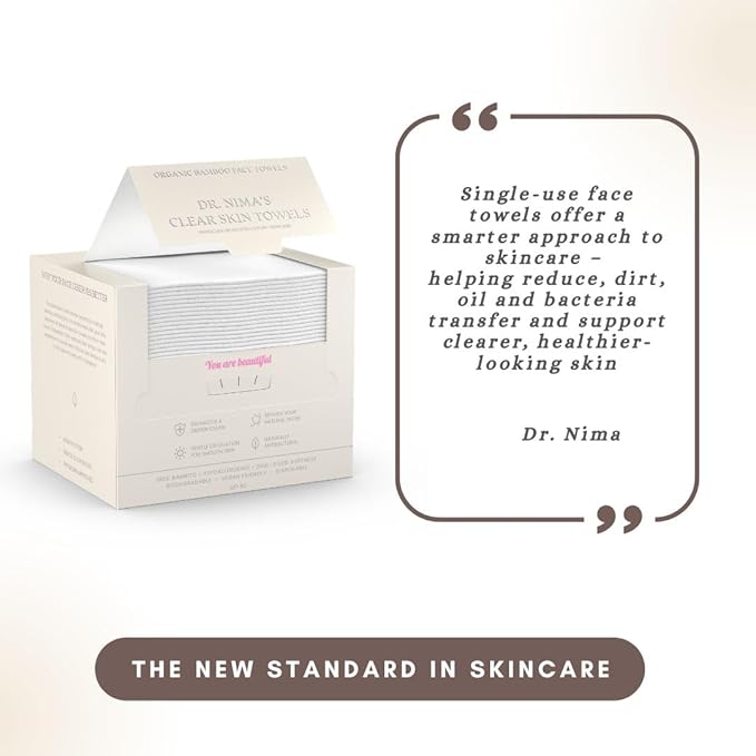 Dr. Nima's Clear Skin Towel, Organic Bamboo Face Towel, Physician Created Luxury Skin Care, Disposable Face Towel, Makeup Remover Dry Wipes, Ultra Soft, 1 Pack, 50 Ct