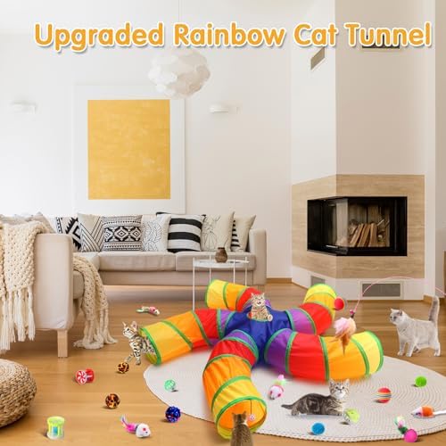 Poen 21 Pcs Cat Tunnel for Indoor Set Collapsible 5 Way Tubes with 20 Pcs Cat Kitten Toys Interactive Feather Toy Mouse Crinkle Balls Tube for Puppy Kitten Rabbit(Colorful)