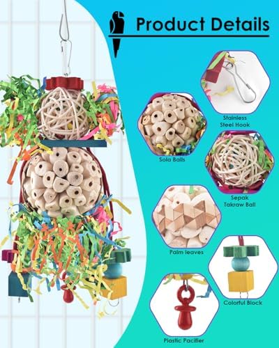 Bissap 2PCS Bird Parrot Foraging Shredder Hanging Toys Sola Balls Sepak Takraw with Pacifier for Small Parrots Parakeets Conures Cockatiels Love Birds Cage Toy