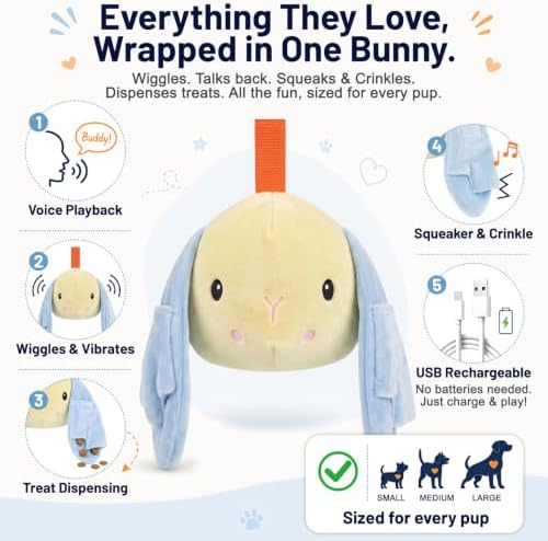 Interactive Dog Toys - Wiggly Bunny Plush with Real-Time Voice Playback, Treat-Dispensing, Vibrating, Squeaky & Crinkle, USB Rechargeable, Pet-Safe & Washable for Puppies to Large Dogs
