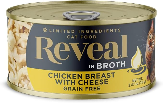 Reveal Chicken & Cheese in Broth Wet Cat Food 24-Pack 2.47 oz Cans | 100% Natural, High Quality Protein, Limited Ingredient, Grain Free, No Fillers, No Artificial Additives, No By-Products