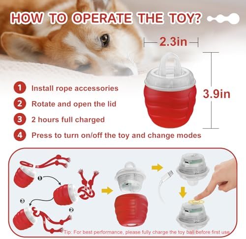Interactive Dog Toy, [Newly Upgraded] Motion Activated Rolling Ball for Small Dogs, Automatic Moving Dogs Ball for Boredom, USB Rechargeable(Red)
