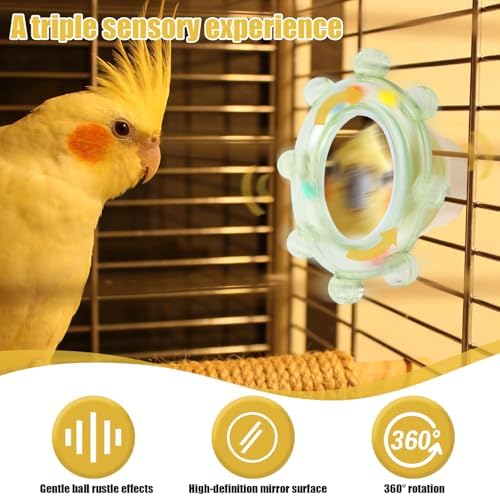 2pcs Bird Mirror Toy for Cage, Rotating Bird Mirror with Rustling Balls Embedded Interactive Birdcage Hanging Pet Accessories for Parakeet Budgie Lovebird Canaries Conures Perch Cockatiels