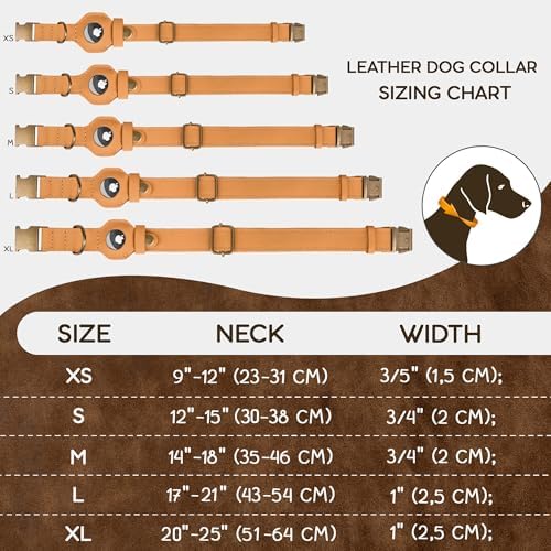 AirTag Dog Collar - Genuine Leather Dog Collar with Apple AirTag Holder and Metal Buckle - Smart GPS Tracking Pet Collars (Light Brown, S, 12"-15" Neck Fit)