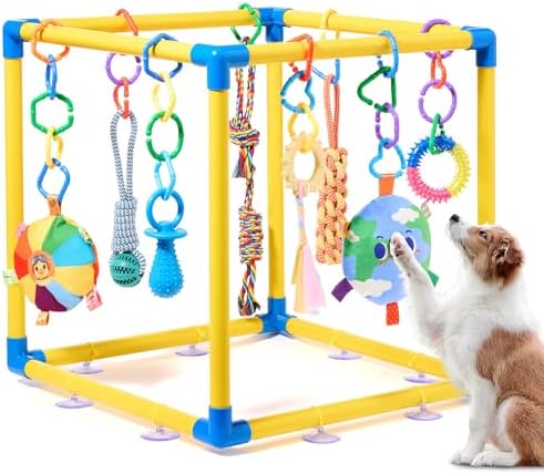 Puppy Play Gym with 8 Hanging Toys, Small Dogs Indoor Jungle Playground, PVC Frame with Suction Cups Interactive Enrichment Activity Center