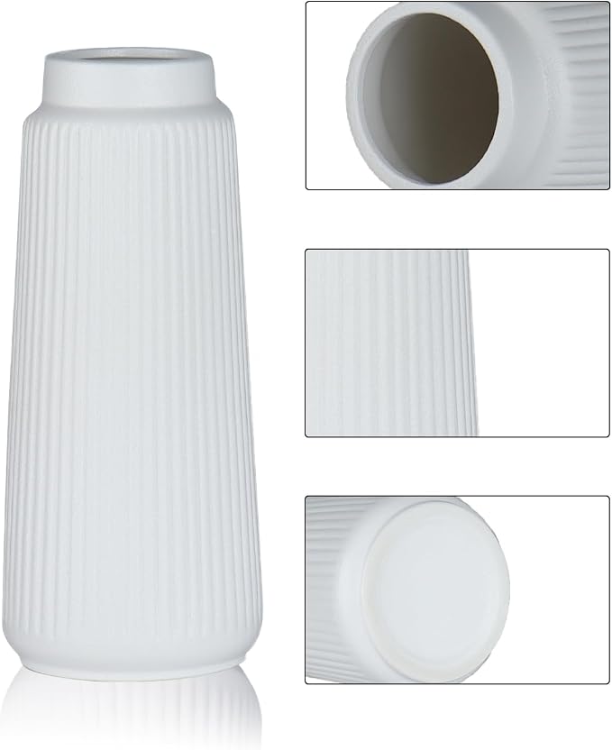 White Ceramic Vase, 8 Inch Conical Flower Vase for Pampas Grass, Modern Minimalist Ribbed Decorative Vase for Living Room Table, Shelf Decor