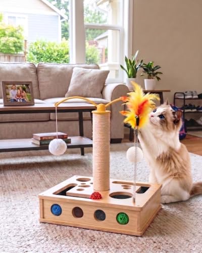 4-in-1 Wooden Interactive Cat Toy with Scratching Post & 3 Rattan Bell Balls - Cat Puzzle Box Treat Maze, 360° Rotating Spinning Teaser with Hanging Pom Poms, Durable Sisal Scratcher for Indoor Cats