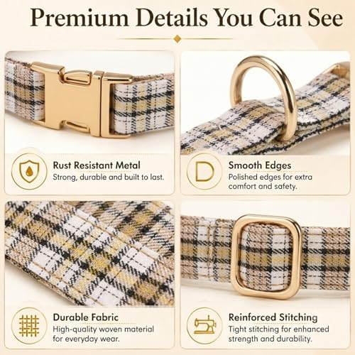 Soft Cotton Dog Collar Classic Plaid Pet Collars with Metal Clasp for Large Dogs with Sensitive Skin, Creamy Countryside