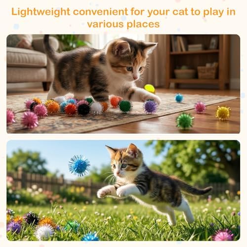 100 Pcs Cat Pom Pom Balls, 1 Inch Cat Toy Sparkle Balls Soft Interactive Cats Puff Ball Toys for Indoor Exercise Playing Entertainment and Crafts (Multicolor)