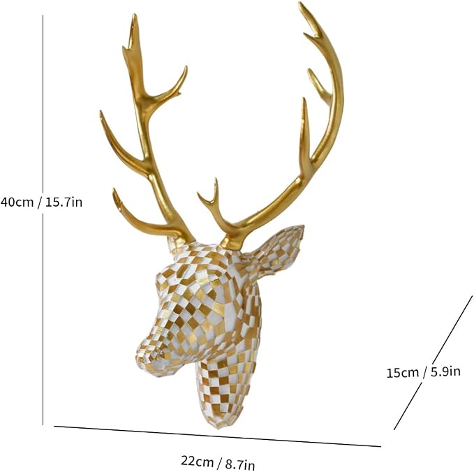 GIGICICI Mosaic Deer Head Wall Decor 15.7x8.7 Inch, Artistic Faux Resin Animal Head Wall Sculpture Hanging for Living Room Bedroom Kitchen Office, White-Gold Gift