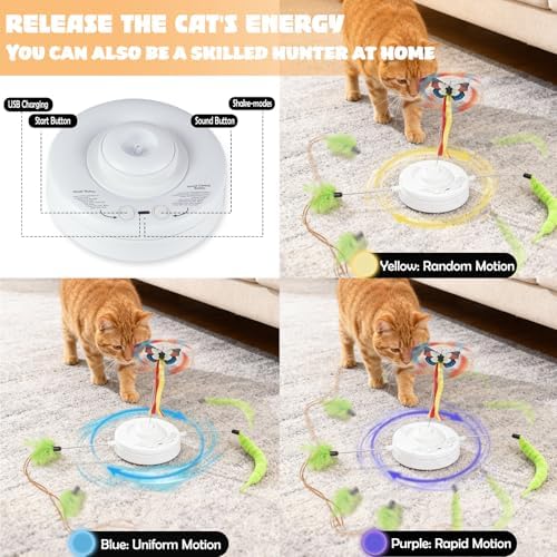 Interactive Cat Toys Rechargeable for 4 in 1 Hide and Seek Game, Moving Concealed Wand Feathers, Real Mouse Squeaky, Durable Exercise Toys for Indoor Cats for Bored Adult Cats Wand Toy