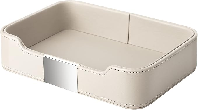 Leather Tray Organizer, Valet Tray Key Tray (Metal Silvered, Grey) | Leather Catchall Tray for Entryway Table Desktop Storage, Decorative Tray for Jewelry Keys Wallet Phone Watch