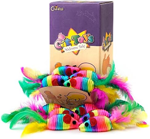 CHIWAVA 24PCS 5" Rattle Cat Toys Mice with Feathers Rainbow Rope Mouse