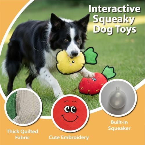 Durable Plush Dog Toys, 2 Pack Pet Squeaky Chew Toys, Double Layer Reinforced Interactive Pet Toys for Aggressive Chewers, Tough Toys for Medium and Large Dogs (Yellow Pineapple+Red Strawberry)