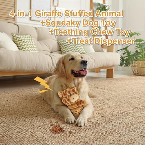 8.46 Inch Giraffe Squeaky Dog Toy with Rubber Treat Dispenser, Plush Chew Toy for Puppy Teething, Interactive Puzzle Toy for Small Medium Large Dogs