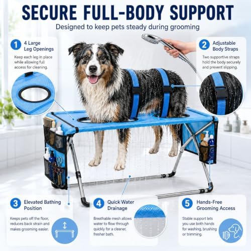 Dog Grooming Hammock Stand, Foldable Pet Bathing Stand (Blue B)