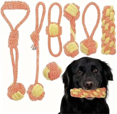 7 Pack Orange Yellow Braided Puppy Rope Toys, Durable Dog Chew Rope for Medium Large Dogs, Interactive Dog Rope Chew Toy for Chewing Tug of War Teeth Cleaning