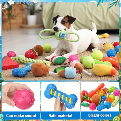 Outus 32 Pcs Summer Dog Squeaky Toys Set Puppy Chew Toys Pack Includes Squeaky Plush, Cotton Rope, Tennis Balls, Cooling Fruit Chew with Storage Bag for Summer Medium Dog Pets Teething Playing