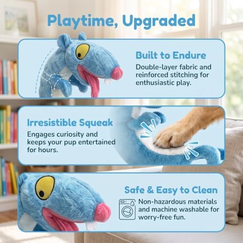 EMMA COLE Plush Squeaky Pet Toy for All Dogs Stuffed Animal Interactive for Cuddling Playing Puppy Teething Chewing(Blue Rat)