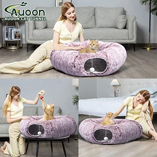 AUOON Plush Cat Tunnel Bed for Indoor Cats, 36"L x 36"W x 11.5"H, Rosiness