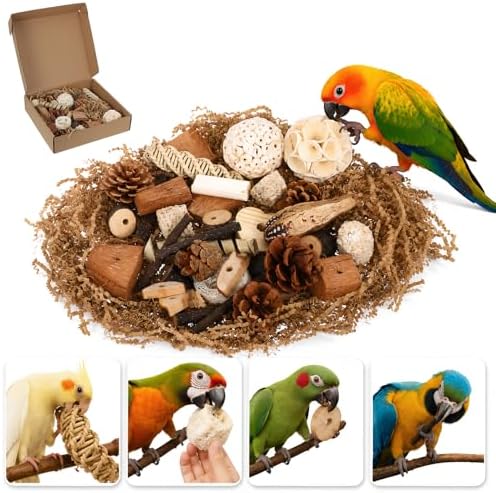 NOLITOY Natural Bird Toys for Conures: Parakeet Toys Parrot Foraging Wood Chewing Blocks & Hanging Bell Pendant Stick, Parrot Foraging Interactive Bundle for Macaw Small-Medium Birds