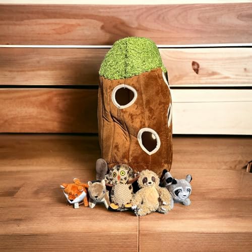 Glow Pups Hide and Seek Dog Toy, Interactive Dog Toy Bundle with Squeaky Plush Woodland Animals, Burrow Toys for Puppies, Large Size, Brown Plush Tree with 5 Animals