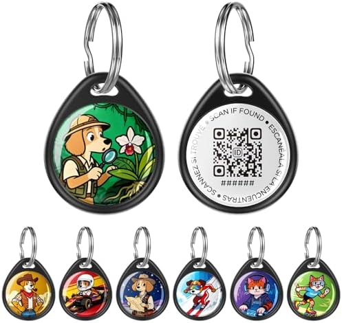 QR Code Dog Tag and Cat Tag, Scan to Reunite Faster, Waterproof and Durable, Lightweight and Quiet, Updatable Contact Info, with Jungle Explorer Pet Character Design