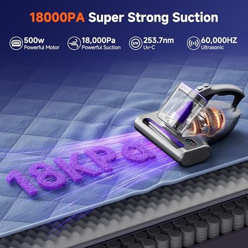 uwant 18Kpa Mattress Vacuum Cleaner 60000RPM Tap Bed Vacuum Set of 1 | 253.7Uv-C Light and Ultrasonic Bed Vacuum, 149℉ Hot Air, HEPA Filter, Metal Roller Mattress Vacuum for Sofa, Couch