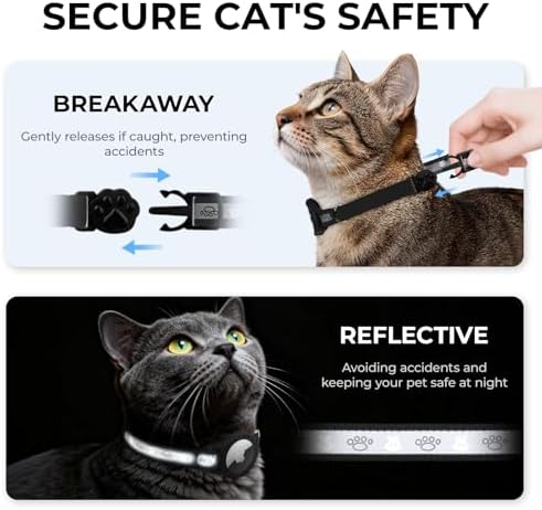 Breakaway AirTag Cat Collar, Reflective Cat Tracker Collar with Bell | Built in AirTag Holder, Adjustable 8.5-12in for Cats, Kittens and Puppies, Safety Elastic Band, Reflective for Night Walking