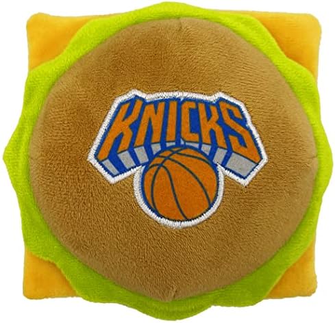 Pets First NBA New York Knicks Cheese Burger Plush Dog & CAT Squeak Toy - Cutest Stadium HAMBERGER Snack Plush Toy for Dogs & Cats with Inner Squeaker & Beautiful Basketball Team Name/Logo, Team Color