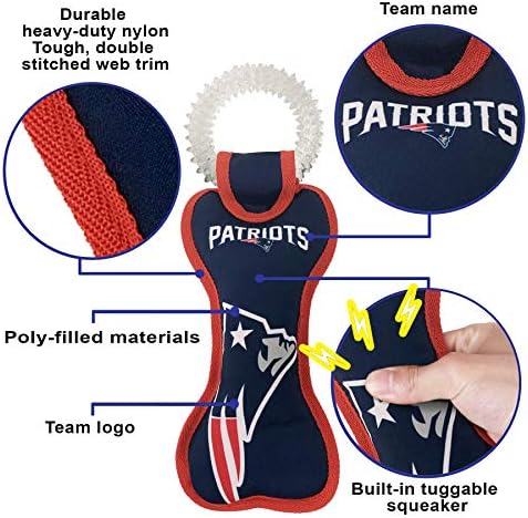 Pets First NFL New England Patriots Dental Dog TUG Toy with Squeaker. Tough PET Toy for Healthy Fun, Teething & Cleaning Pet's Teeth & Gum.