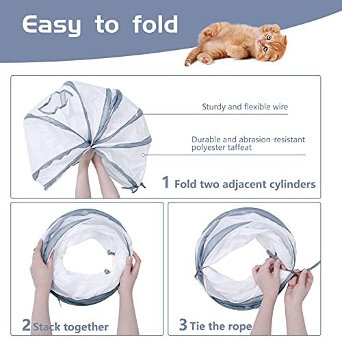 Sheldamy Cat Tunnel, S-2-Way Cat Tunnels for Indoor Cats, Collapsible Cat Play Tunnel, Interactive Toy Maze Cat House with 1 Play Ball for Cats, Puppy, Kitty, Kitten, Rabbit (White & Gray)