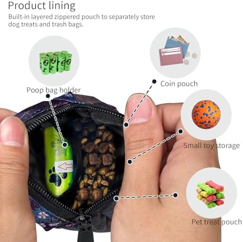 Dog Treat Pouch,Treat Pouches for Pet Training,Portable Snack Reward Dog Food Dispenser for Traveling or Outdoor Use，Black Flower