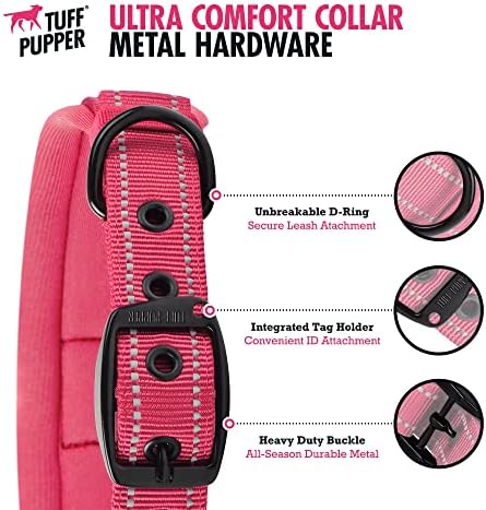 Tuff Pupper Ultra Comfort Padded Dog Collar | Thick Neoprene Padding | Ballistic Nylon Strap Dog Collar with Reflective Stitching | Durable Metal Buckle & Integrated ID Tag Holder | Waterproof Collars