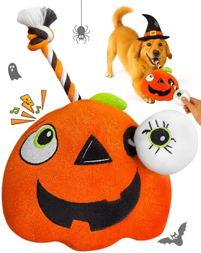 Swooflia Halloween Tug of War Dog Toy-Squeaky Plush Toy with Rope for Medium Large Breed Dogs to Keep Them Busy, Cute Pumpkin Interactive Doggie Toys