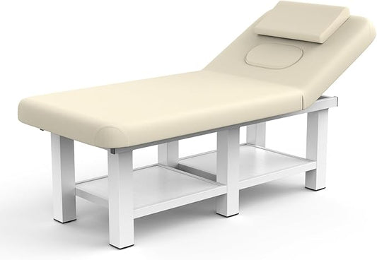 Beige Grey Wide Stationary Massage Table with Backrest for Treatment Table Physical Therapy Table Spa Facial Bed, Metal Frame PU Leather 31.5'' Wide 75'' Long Heavy Duty Professional Massage Bed