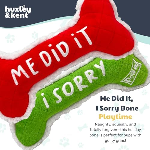 Huxley & Kent Funny Dog Toy w/Squeaker – Holiday Power Plush Squeaky Dog Toys for Small, Medium & Large Dogs – Soft Stuffed Animal for Indoor Play & Fetch - Me Did It, I Sorry Bone, Small