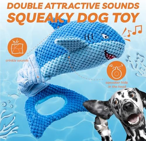 LEGEND SANDY Squeaky Dog Toys for Large Dogs – Interactive Plush Shark Toy with Crinkle & Tug of War Tail, Puppy Chew Toys for Small Medium Large Breeds
