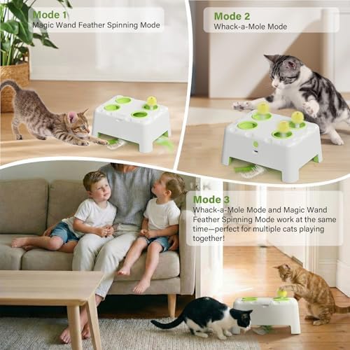 Cat Interactive Automatic Toys, Magic House Whack-a-Mole Toy | Rechargeable Stimulating Feather Kitten Toys, 3 Play Modes, 4 Holes Design, 4 Replacement Accessories