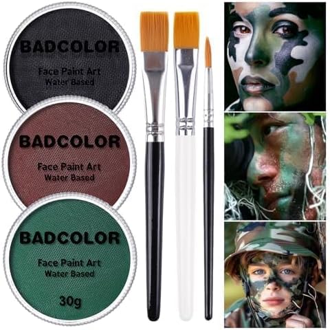 Black Green Brown Camo Face Paint with Brushes Set, Water Based Face Painting Kit for Camouflage Military Hunting & Paintball, Facepaint for Kids & Adults Halloween Special FX Cosplay Costume Makeup