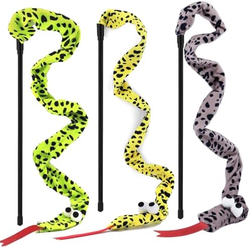 Interactive Cat Toy Wand with Catnip Mouse, Cat Teaser Wand Rainbow String for Bored Indoor Adult Cats and Kittens (3 Pack Snake)
