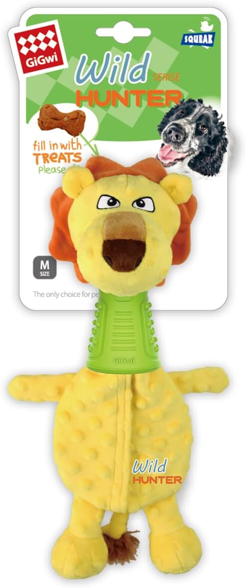 Dog Plush Toy Wilder Hunter Lion for Playing, Dental Health, Mental Stimulation - Medium Breeds - Unscented Treat Dispenser (Large Size 14 x 8 inch)