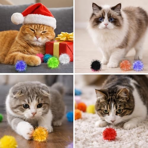 100 Pcs Cat Pom Pom Balls, 1 Inch Cat Toy Sparkle Balls Soft Interactive Cats Puff Ball Toys for Indoor Exercise Playing Entertainment and Crafts (Multicolor)