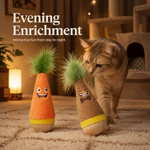 2 Pack Wooden Wobble Plush Feather Cat Toy for Interactive Play