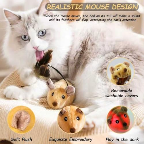 Interactive Mouse Cat Toy, Automatic Moving Fake Rat Mouse Cat Toy, Realistic Rechargeable Dog Mouse Toy with Sound & Feather & Bell, Prank Joke Scary Trick Rats for Cats Dogs
