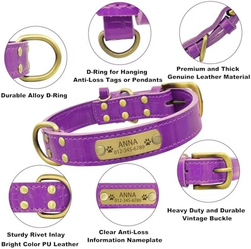 Personalized Genuine Leather Dog Collar with Engraved Name Plate - Durable and Stylish Custom Dog Collar for Small, Medium, and Large Dogs (XL,Purple)