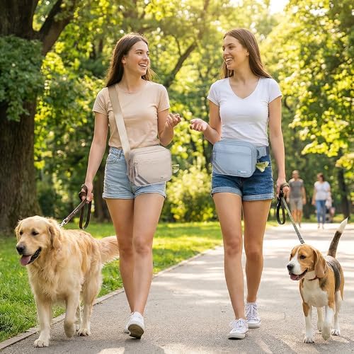 PetAmi Dog Walking Bag, 3-in-1 Crossbody Fanny Pack Treat Pouch, Beige