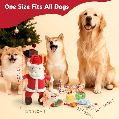 Nocciola Hide and Seek Christmas Santa Dog Toys: 9 Packs Vacation Gifts Funny Plush Stuffed Squeaky Crinkle Durable Chew Toys for Small Medium Large Breed, Dog Stocking Stuffers