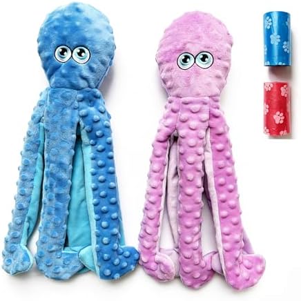 PetLike 2 Pack Squeaky Octopus Dog Toys, Durable Stuffing Plush Chew Toys with Crinkle Paper, Reinforced Liner Interactive Toys for Medium & Large Dogs (Pink+Blue, Large)